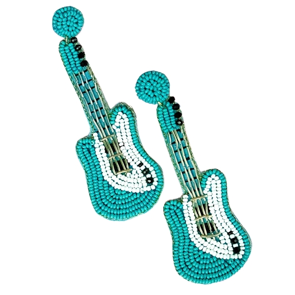 GUITAR TURQUOISE  SEED BEAD EARRINGS - Picture 2 of 3